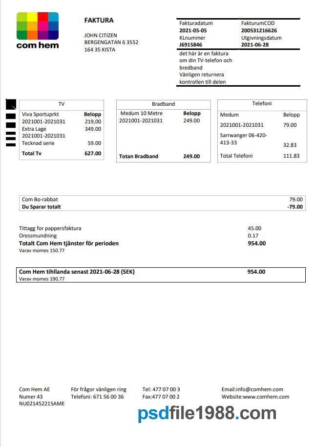 Sweden Com Hem Utility Bill